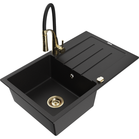 Mexen Bruno Granitspüle 1-Becken mit Abtropffläche und Küchenarmatur Aster, schwarz - 6513-77-73450-57-G