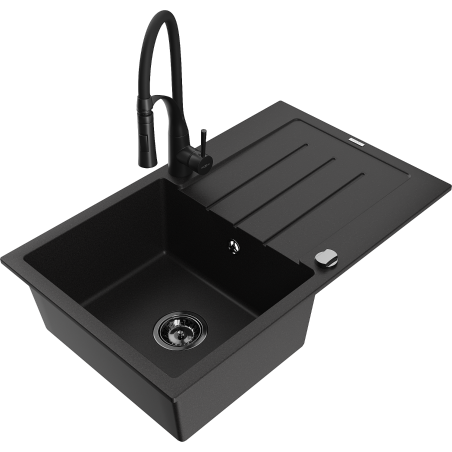 Mexen Bruno Granitspüle 1-Becken mit Abtropffläche und Küchenarmatur Aster, schwarz - 6513-77-73450-70-B