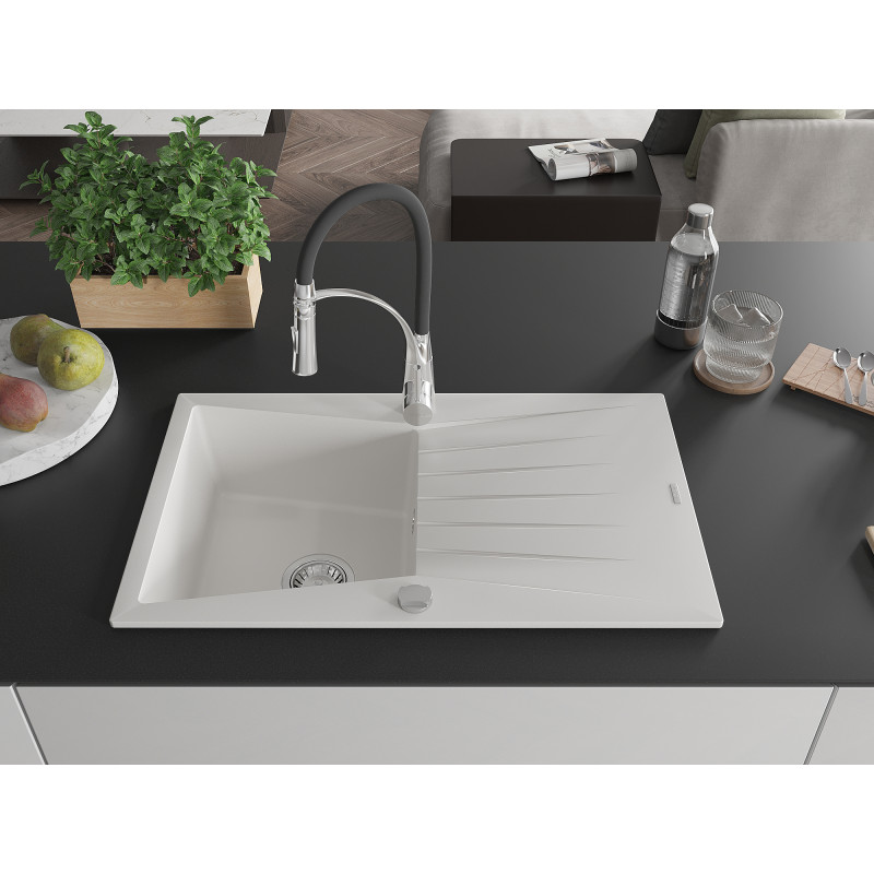 Mexen Cesar Granitspüle 1-becken mit Abtropffläche und Küchenarmatur Aster, weiß - 6514-20-73450-07