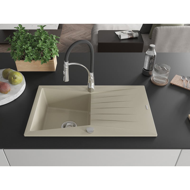 Mexen Cesar Granitspüle 1-Becken mit Abtropffläche und Küchenarmatur Aster, beige - 6514-69-73450-07