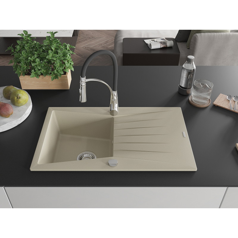 Mexen Cesar Granitspüle 1-Kammer mit Abtropffläche und Küchenarmatur Aster, beige - 6514-69-73450-07