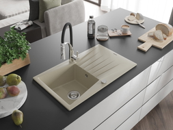 Mexen Cesar Granitspüle 1-Becken mit Abtropffläche und Küchenarmatur Aster, beige - 6514-69-73450-07