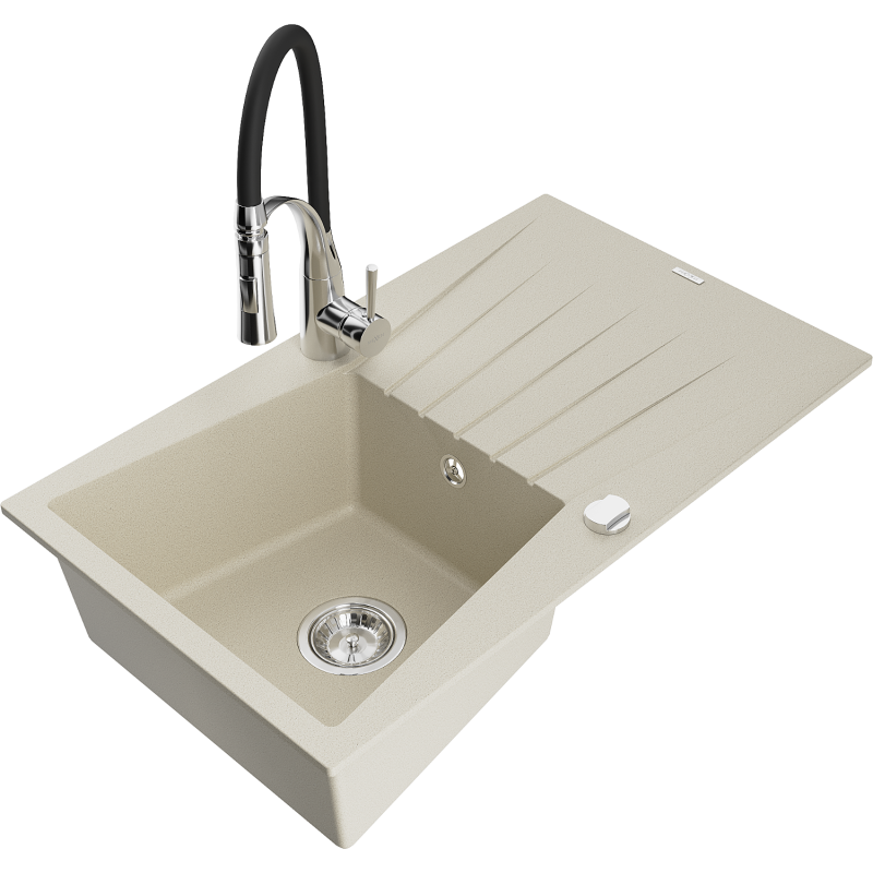 Mexen Cesar Granitspüle 1-Becken mit Abtropffläche und Küchenarmatur Aster, beige - 6514-69-73450-07