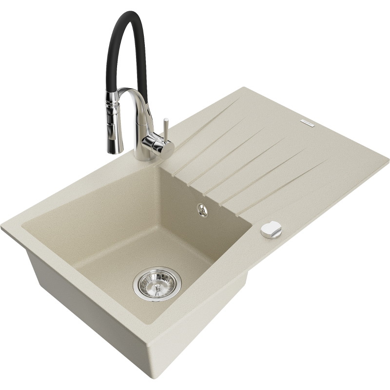 Mexen Cesar Granitspüle 1-Kammer mit Abtropffläche und Küchenarmatur Aster, beige - 6514-69-73450-07