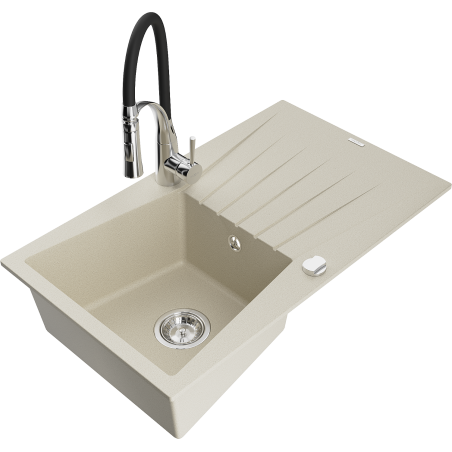 Mexen Cesar Granitspüle 1-Becken mit Abtropffläche und Küchenarmatur Aster, beige - 6514-69-73450-07