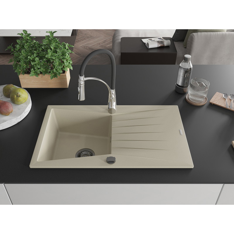 Mexen Cesar Granitspüle 1-beckig mit Abtropffläche und Küchenarmatur Aster, beige - 6514-69-73450-07-B