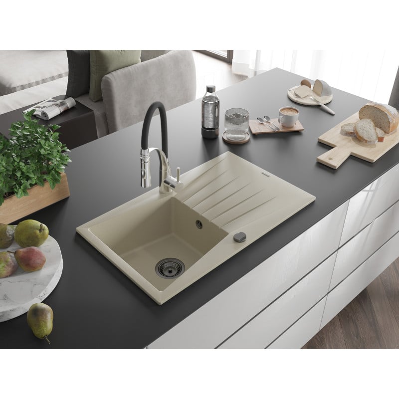 Mexen Cesar Granitspüle 1-beckig mit Abtropffläche und Küchenarmatur Aster, beige - 6514-69-73450-07-B