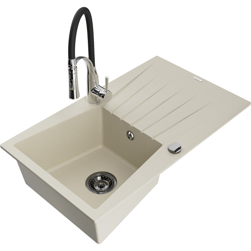 Mexen Cesar Granitspüle 1-Becken mit Abtropffläche und Küchenarmatur Aster, beige - 6514-69-73450-07-B