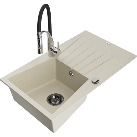 Mexen Cesar Granitspüle 1-beckig mit Abtropffläche und Küchenarmatur Aster, beige - 6514-69-73450-07-B