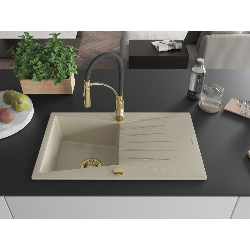 Mexen Cesar Granitspüle 1-beckig mit Abtropffläche und Küchenarmatur Aster, beige - 6514-69-73450-57-G