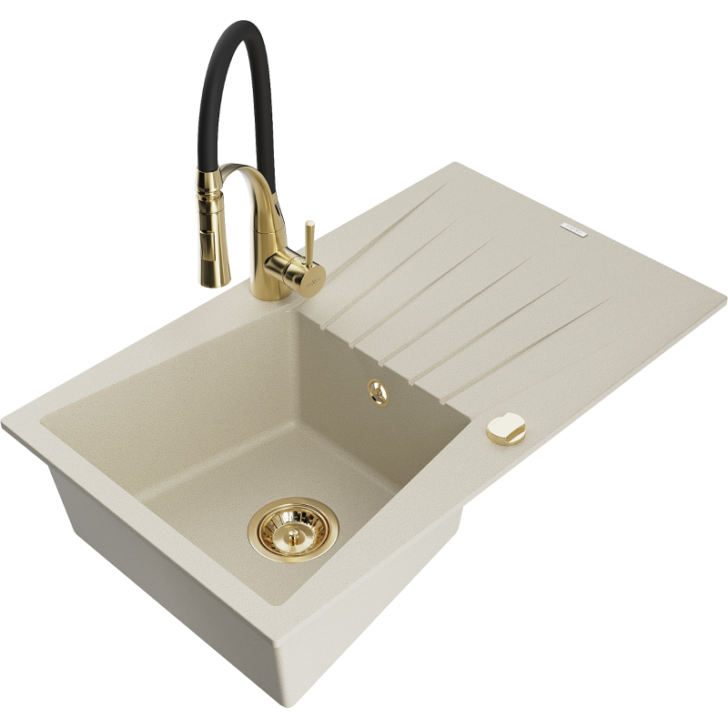 Mexen Cesar Granitspüle 1-becken mit Abtropffläche und Küchenarmatur Aster, beige - 6514-69-73450-57-G
