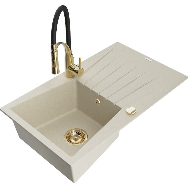 Mexen Cesar Granitspüle mit einer Kammer, Abtropffläche und Küchenarmatur Aster, beige - 6514-69-73450-57-G