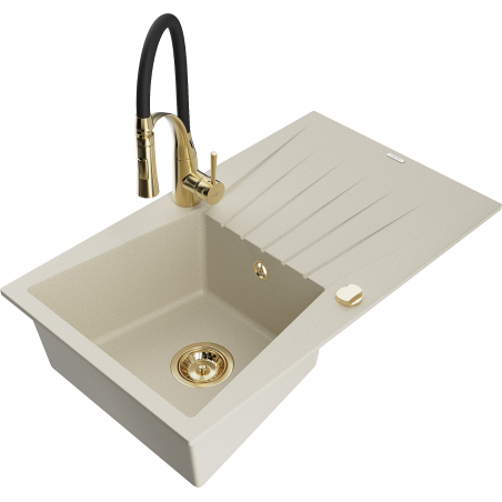 Mexen Cesar Granitspüle 1-becken mit Abtropffläche und Küchenarmatur Aster, beige - 6514-69-73450-57-G