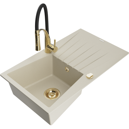 Mexen Cesar Granitspüle 1-beckig mit Abtropffläche und Küchenarmatur Aster, beige - 6514-69-73450-57-G
