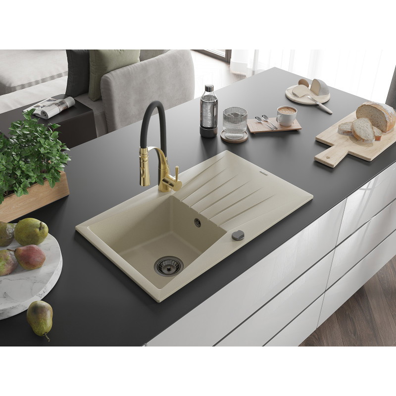 Mexen Cesar 1-Kammer-Granitsink mit Ablage und Küchenarmatur Aster, beige - 6514-69-73450-57-B
