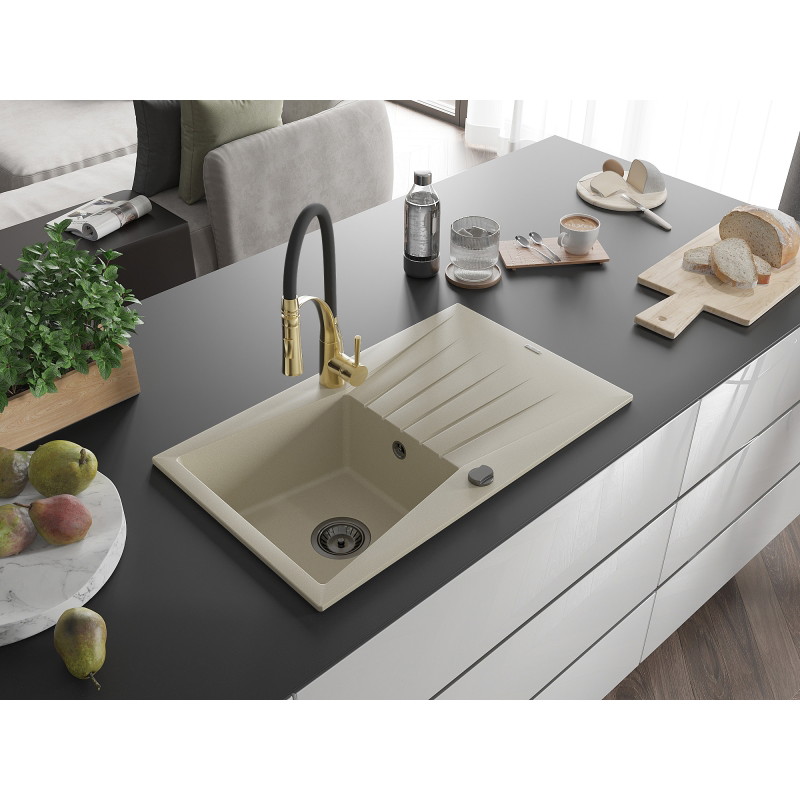 Mexen Cesar 1-Kammern Granitspüle mit Abtropffläche und Küchenarmatur Aster, beige - 6514-69-73450-57-B