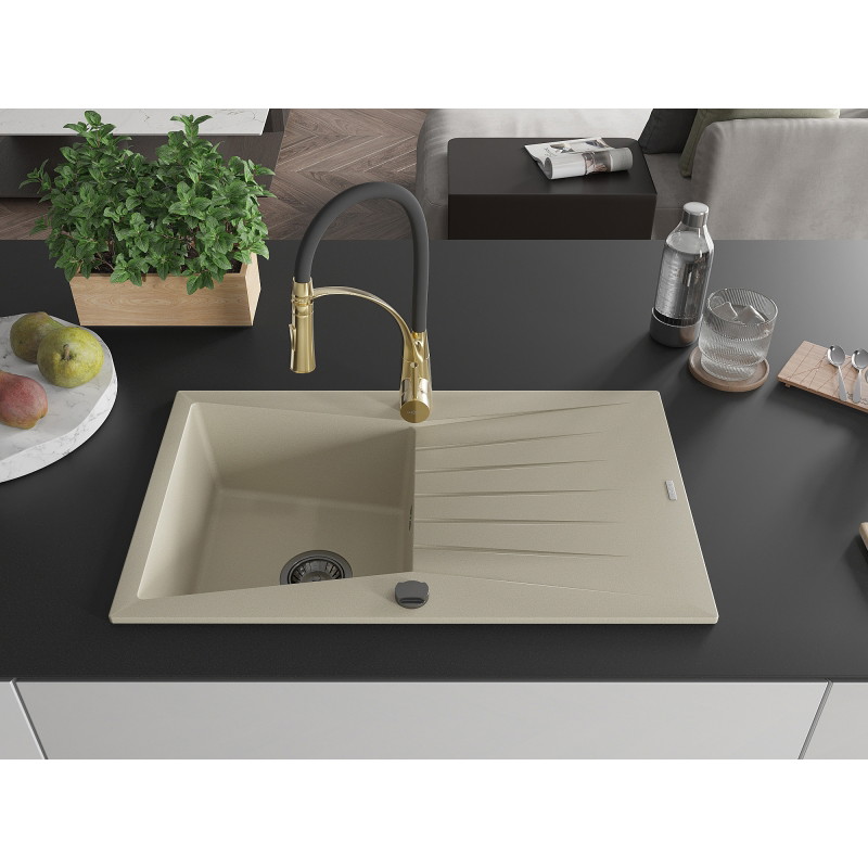 Mexen Cesar 1-Kammern Granitspüle mit Abtropffläche und Küchenarmatur Aster, beige - 6514-69-73450-57-B