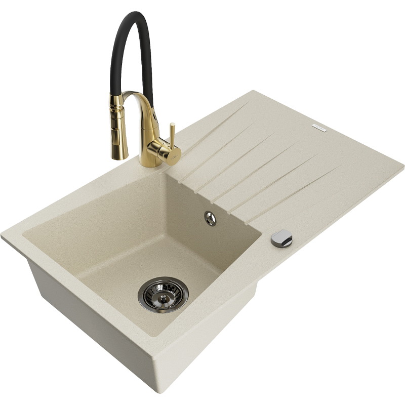 Mexen Cesar 1-Kammern Granitspüle mit Abtropffläche und Küchenarmatur Aster, beige - 6514-69-73450-57-B