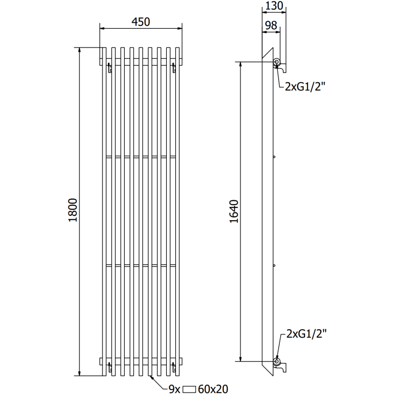 Mexen Aurora Dekorativer Heizkörper 1800 x 450 mm, 1347 W, schwarz - W212-1800-450-00-70