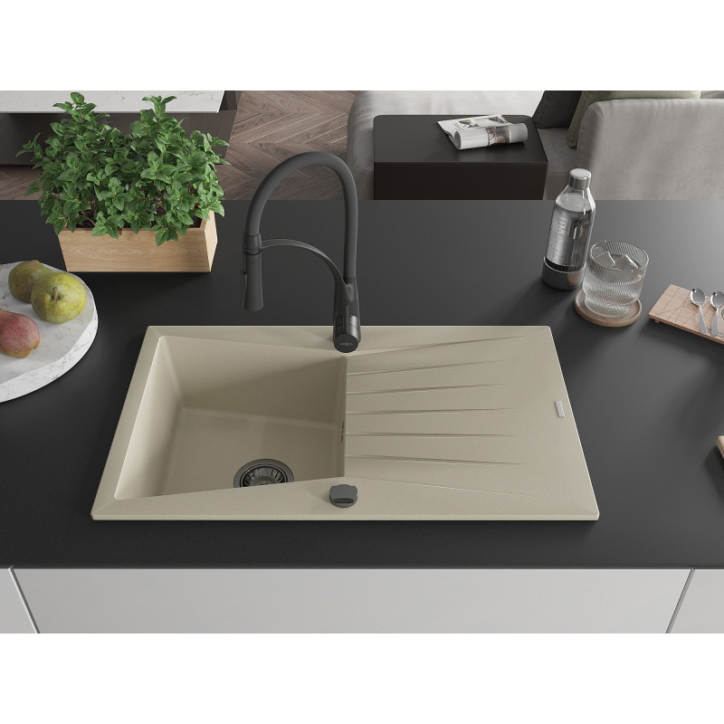 Mexen Cesar Granitspüle mit 1 Becken, Abtropffläche und Küchenarmatur Aster, beige - 6514-69-73450-70-B
