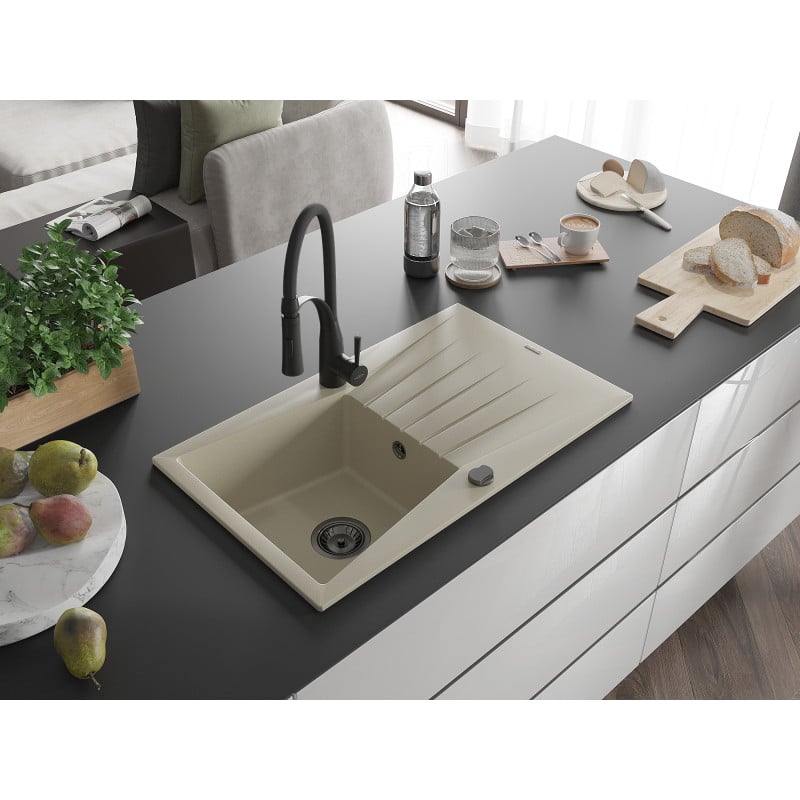 Mexen Cesar Granitspüle 1-Becken mit Abtropffläche und Küchenarmatur Aster, beige - 6514-69-73450-70-B