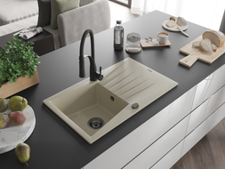 Mexen Cesar Granitspüle 1-Becken mit Abtropffläche und Küchenarmatur Aster, beige - 6514-69-73450-70-B