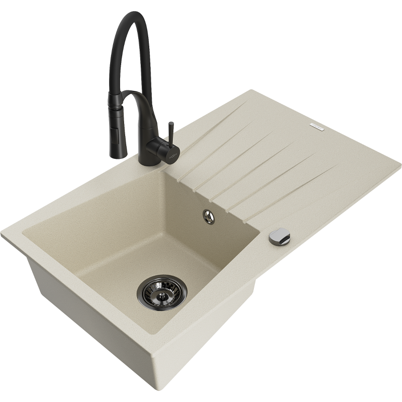 Mexen Cesar Granitspüle 1-Becken mit Abtropffläche und Küchenarmatur Aster, beige - 6514-69-73450-70-B