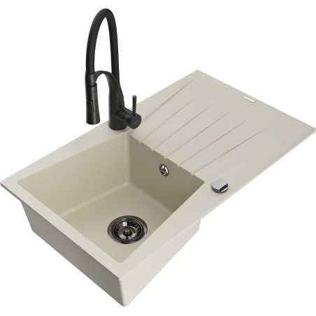 Mexen Cesar Granitspüle 1-Becken mit Abtropffläche und Küchenarmatur Aster, beige - 6514-69-73450-70-B