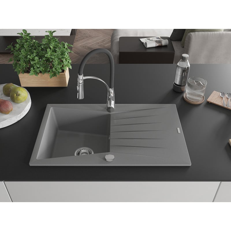 Mexen Cesar Granitspüle 1-Becken mit Abtropffläche und Küchenarmatur Aster, grau - 6514-71-73450-07