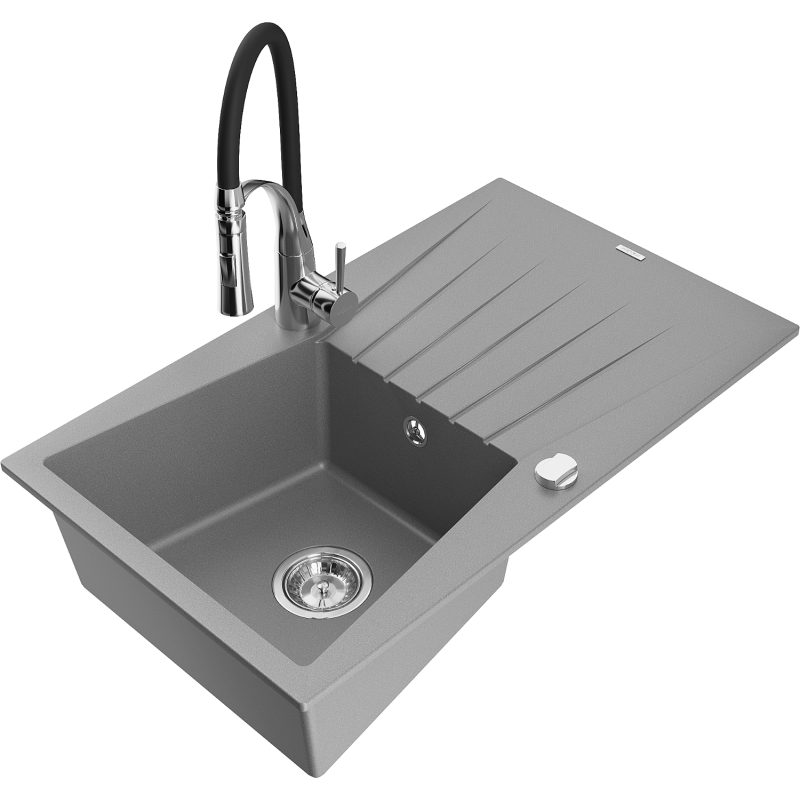 Mexen Cesar Granitspüle 1-Becken mit Abtropffläche und Küchenarmatur Aster, grau - 6514-71-73450-07
