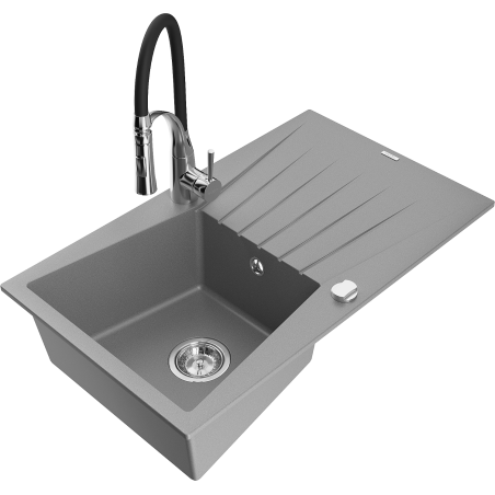 Mexen Cesar Granitspüle 1-Becken mit Abtropffläche und Küchenarmatur Aster, grau - 6514-71-73450-07