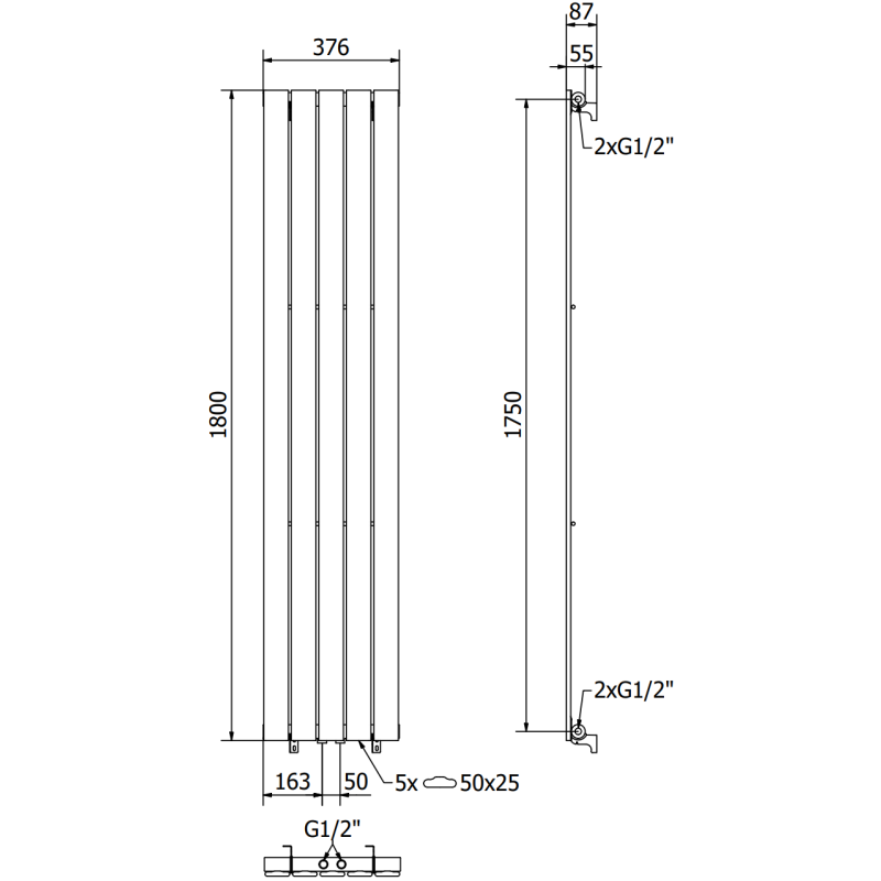 Mexen Boston Dekorativer Heizkörper 1800 x 376 mm, 740 W, schwarz - W213-1800-376-01-70