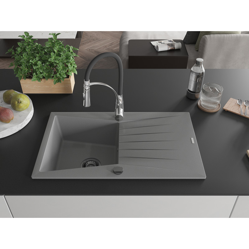 Mexen Cesar Granitspüle 1-becken mit Abtropffläche und Küchenarmatur Aster, grau - 6514-71-73450-07-B