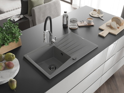 Mexen Cesar Granitspüle 1-becken mit Abtropffläche und Küchenarmatur Aster, grau - 6514-71-73450-07-B