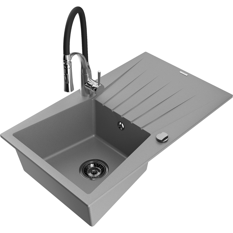 Mexen Cesar Granitspüle 1-becken mit Abtropffläche und Küchenarmatur Aster, grau - 6514-71-73450-07-B