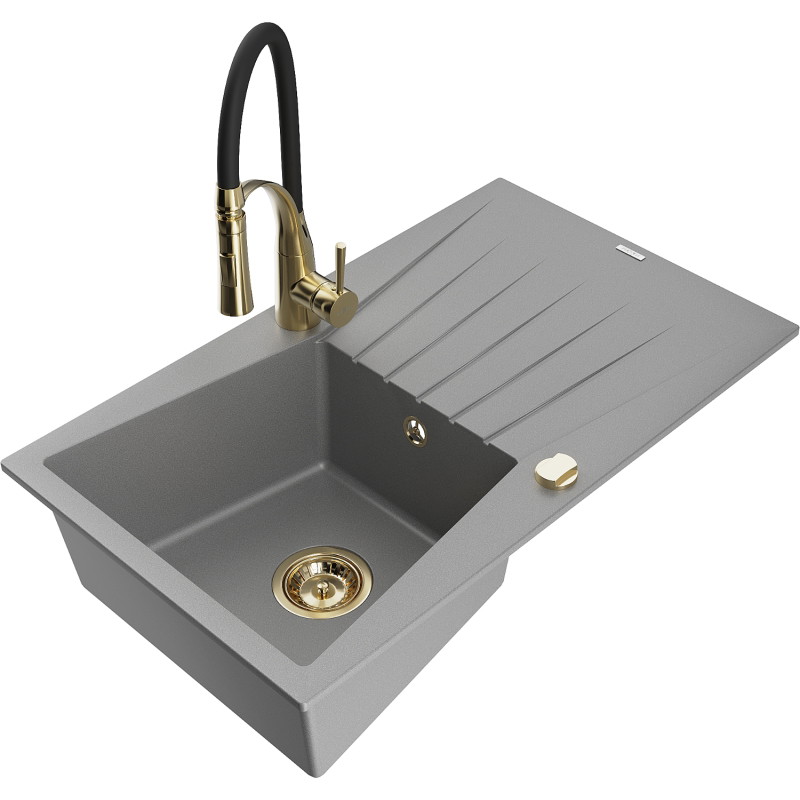 Mexen Cesar Granitspüle 1-Becken mit Abtropffläche und Küchenarmatur Aster, grau - 6514-71-73450-57-G