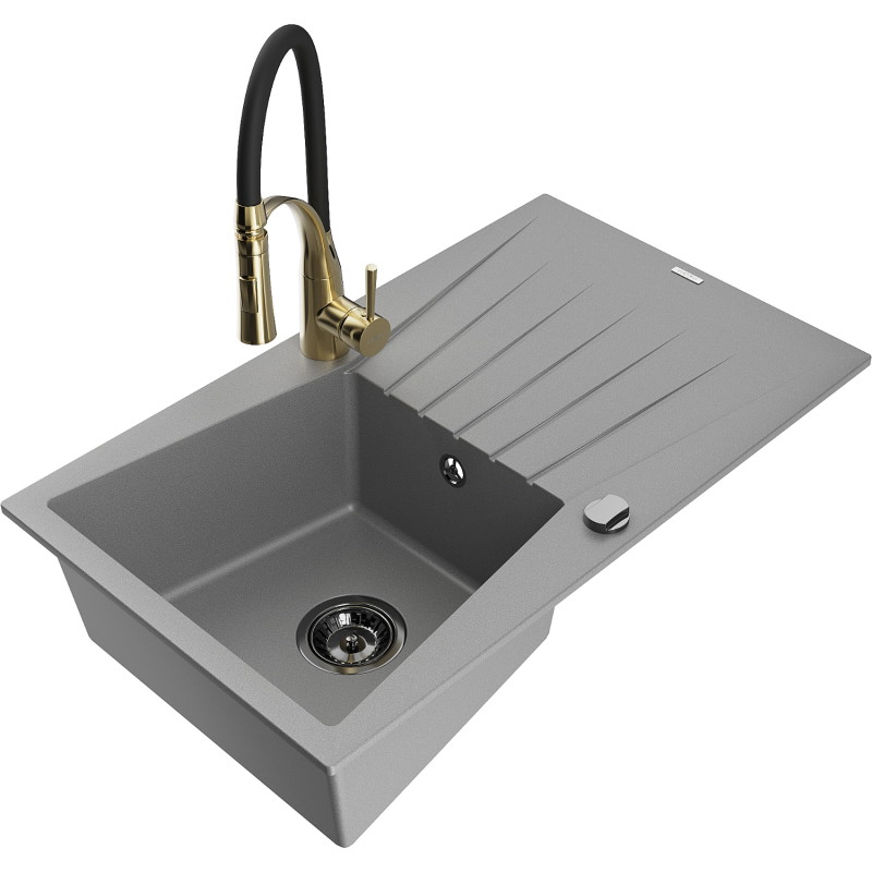 Mexen Cesar Granitspüle 1-Becken mit Abtropffläche und Küchenarmatur Aster, grau - 6514-71-73450-57-B