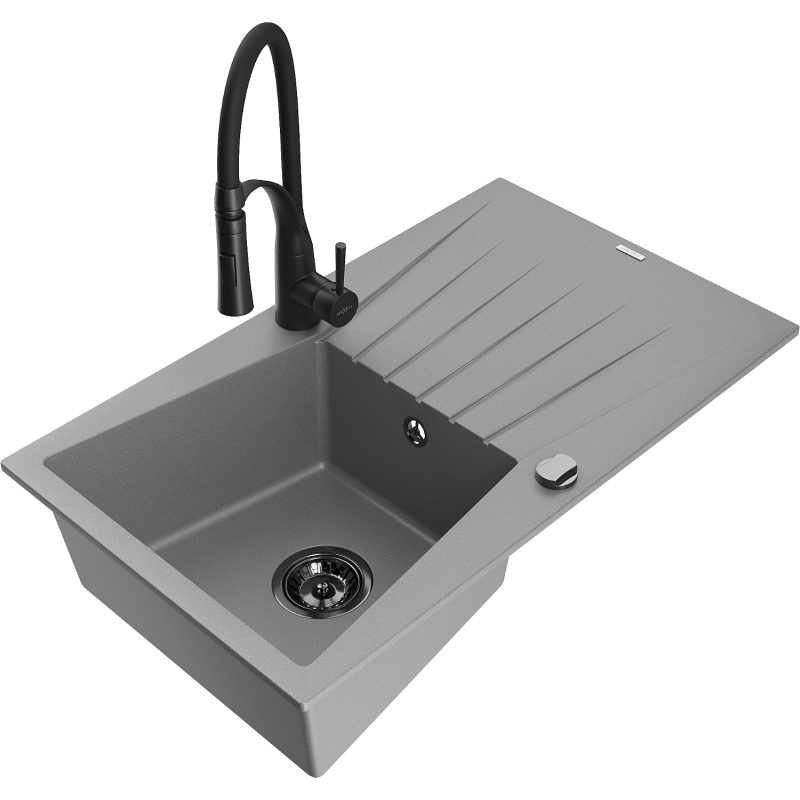 Mexen Cesar Granitspüle 1-becken mit Abtropffläche und Küchenarmatur Aster, grau - 6514-71-73450-70-B