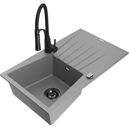 Mexen Cesar Granitspüle 1-becken mit Abtropffläche und Küchenarmatur Aster, grau - 6514-71-73450-70-B