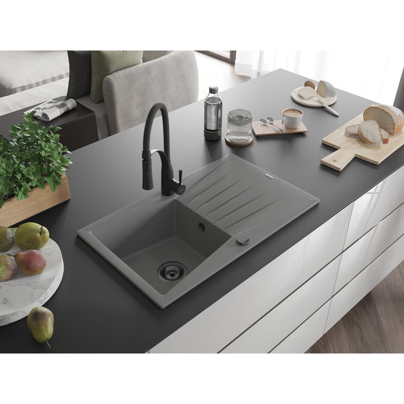 Mexen Cesar Granitspüle 1-becken mit Abtropffläche und Küchenarmatur Aster, grau - 6514-71-73450-70-B