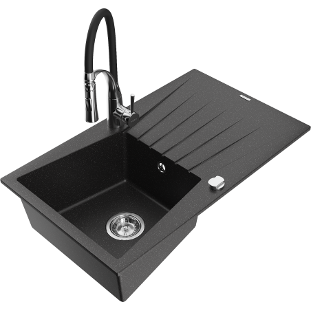 Mexen Cesar Granitspüle 1-Becken mit Abtropffläche und Küchenarmatur Aster, schwarz/silber metallic - 6514-73-73450-07