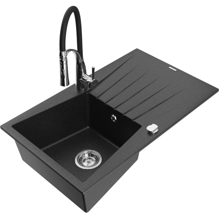 Mexen Cesar Granitspüle 1-Becken mit Abtropffläche und Küchenarmatur Aster, schwarz/silber metallisch - 6514-73-73450-07
