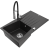 Mexen Cesar 1-Kammer Granitspüle mit Abtropffläche und Küchenarmatur Aster, schwarz/silbern metallic - 6514-73-73450-07
