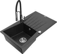 Mexen Cesar Granitspüle 1-Becken mit Abtropffläche und Küchenarmatur Aster, schwarz/silber metallisch - 6514-73-73450-07