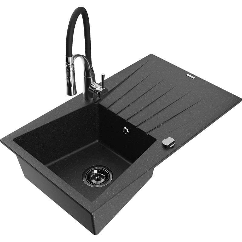 Mexen Cesar Granitspüle mit 1 Becken, Abtropffläche und Küchenarmatur Aster, schwarz/silber metallic - 6514-73-73450-07-B