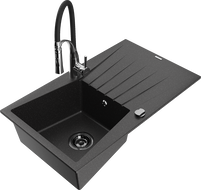 Mexen Cesar Granitspüle 1-becken mit Abtropffläche und Küchenarmatur Aster, schwarz/silber metallic - 6514-73-73450-07-B