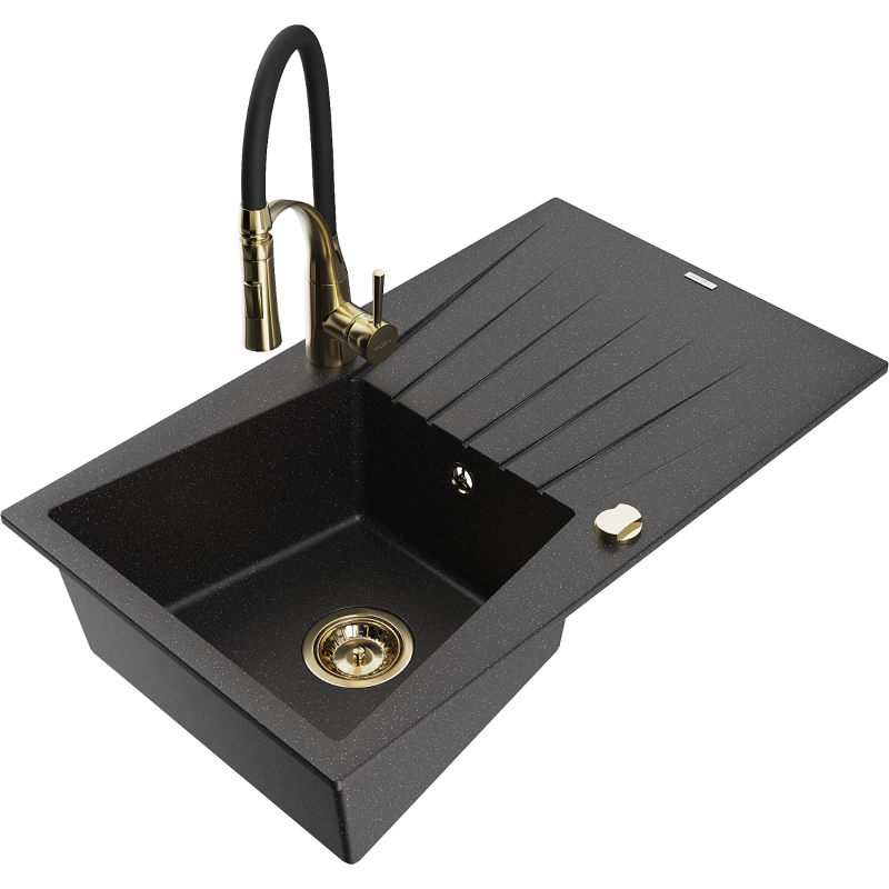 Mexen Cesar Granitspüle 1-Becken mit Abtropffläche und Küchenarmatur Aster, schwarz/silber Metallic - 6514-73-73450-57-G