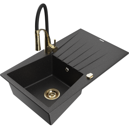 Mexen Cesar Granitspüle 1-Becken mit Abtropffläche und Küchenarmatur Aster, schwarz/silber Metallic - 6514-73-73450-57-G
