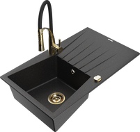 Mexen Cesar Granitspüle 1-Becken mit Abtropffläche und Küchenarmatur Aster, schwarz/silber Metallic - 6514-73-73450-57-G