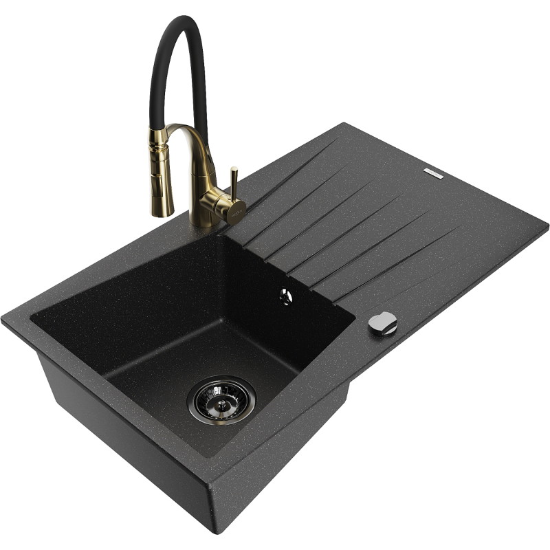 Mexen Cesar Granitspüle 1-Becken mit Abtropffläche und Küchenarmatur Aster, schwarz/silber-metallisch - 6514-73-73450-57-B